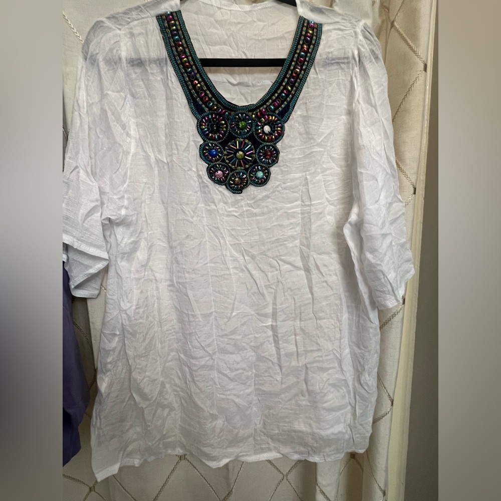 Beaded White Tunic Top XL